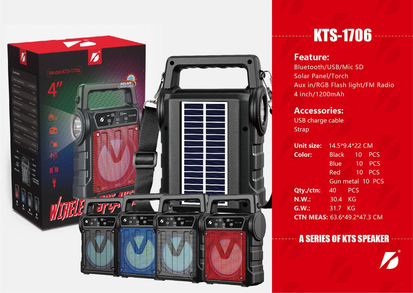 KTS-1706 Portable Bluetooth Speaker | 4-Inch Subwoofer | RGB Light | FM Radio | Solar Panel | USB, AUX, TF & Mic Support