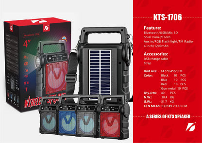 KTS-1706 Portable Bluetooth Speaker | 4-Inch Subwoofer | RGB Light | FM Radio | Solar Panel | USB, AUX, TF & Mic Support